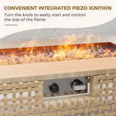 Gas fireplace with integrated piezo ignition for outdoor or indoor heating, control knob, stylish wicker base, easy to operate, perfect for enhancing home comfort and ambiance.