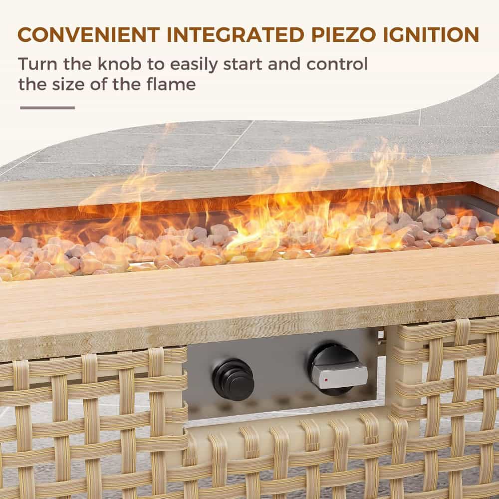 Gas fireplace with integrated piezo ignition for outdoor or indoor heating, control knob, stylish wicker base, easy to operate, perfect for enhancing home comfort and ambiance.