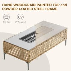 Hand woodgrain painted top with powder-coated steel frame, UV protected, anti-rust outdoor furniture for modern patios and cafes.