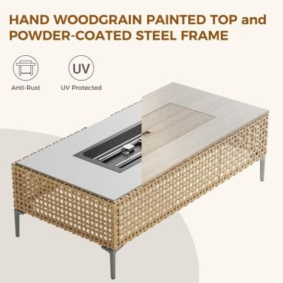 Hand woodgrain painted top with powder-coated steel frame, UV protected, anti-rust outdoor furniture for modern patios and cafes.