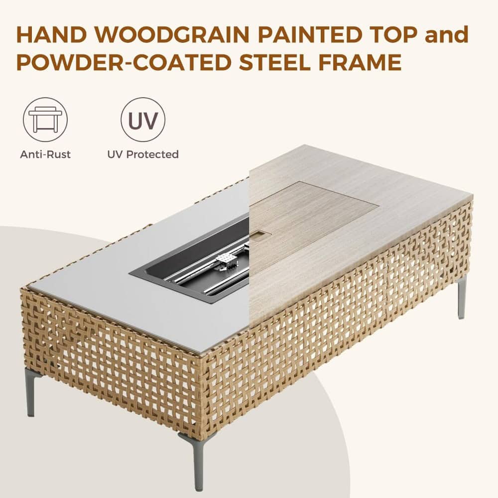 Hand woodgrain painted top with powder-coated steel frame, UV protected, anti-rust outdoor furniture for modern patios and cafes.