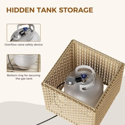 Gas cylinder hidden storage box with overflow valve safety device and bottom ring for securing gas tank, ideal for room organization and safety.