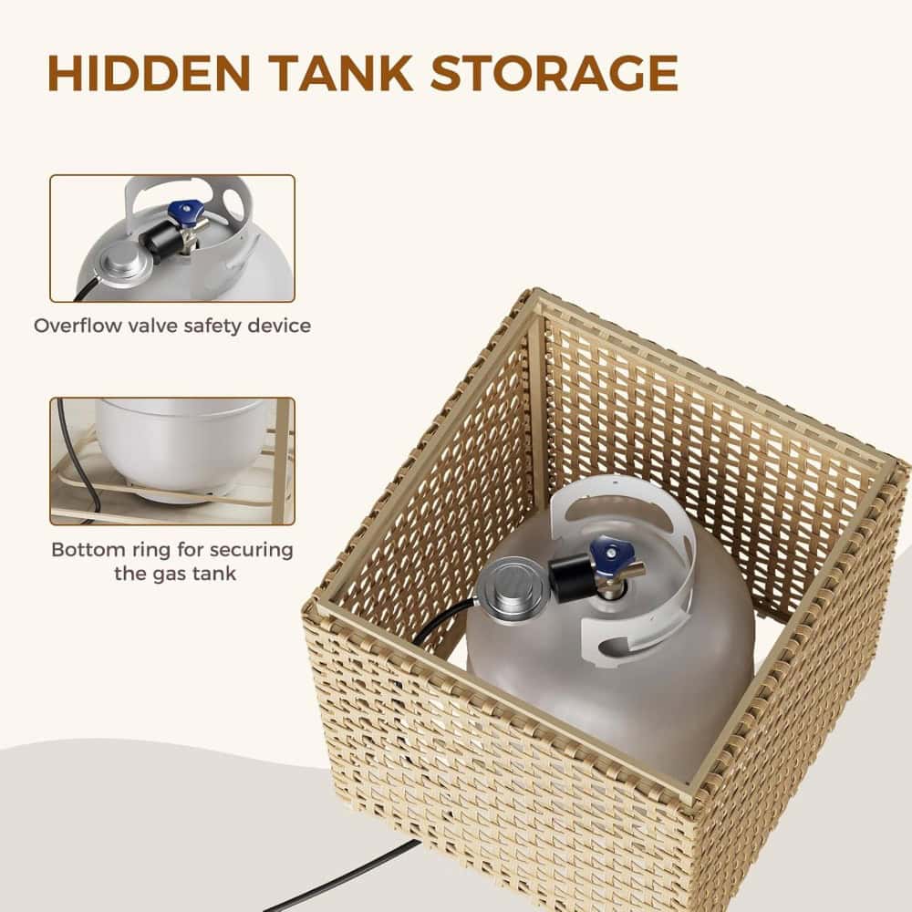 Gas cylinder hidden storage box with overflow valve safety device and bottom ring for securing gas tank, ideal for room organization and safety.