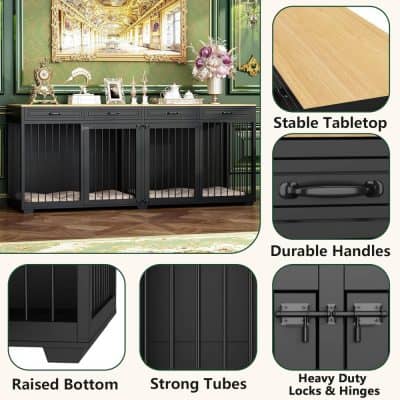 Rustic black pet crate with durable handles, stable tabletop, raised bottom, strong tubes, and heavy-duty locks and hinges for secure, stylish pet containment.