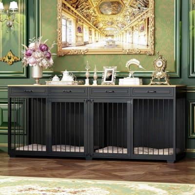 Elegant black pet crate with stylish interior decor, vintage clock, and floral accents, perfect for luxury pet furniture and home decor enthusiasts.