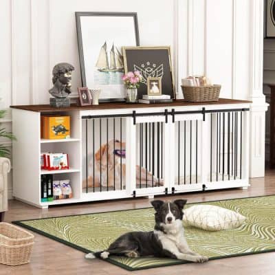 Stylish pet crate with black metal bars and white frame in a modern home, used for pet safety and confinement, compatible with Monalisa Medical optical and pet accessories.