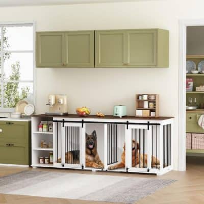 Comfortable pet crate with secure black metal bars in a modern kitchen setting, suitable for dogs and pets, featuring easy access doors and durable design for pet safety and confinement.