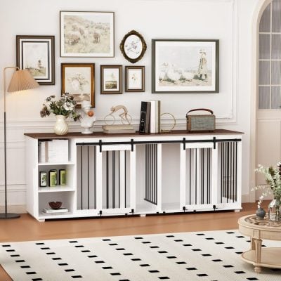 Modern white and black farmhouse style sideboard with decorative art, books, and vintage decor in a cozy living space.