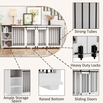 Enhanced child safety gate with strong tubes, heavy-duty locks, ample storage space, raised bottom, and sliding doors for secure and functional home barrier solutions.