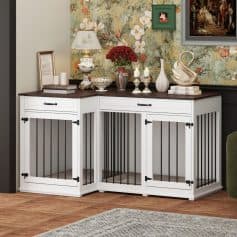 Elegant white and black pet crate stand with storage cabinet, decorative accents, and floral wallpaper background, ideal for home decor and pet organization.