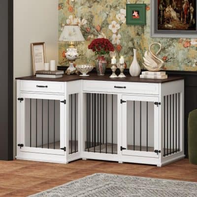 Elegant white and black pet crate stand with storage cabinet, decorative accents, and floral wallpaper background, ideal for home decor and pet organization.