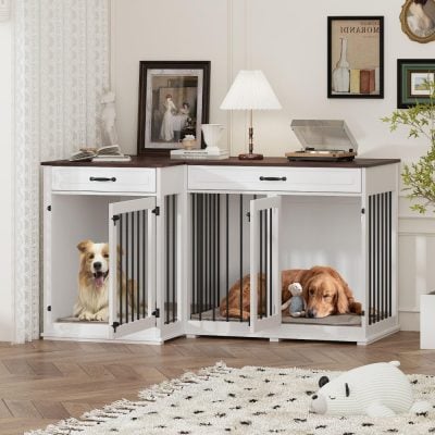 Easy-to-clean white pet crate with black metal bars, suitable for small to medium dogs, placed in a stylish living room with decorative art, plants, and a cozy rug for home pet comfort.