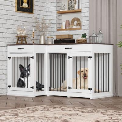 Pet crate with black bars and white frame, cozy space for dogs in modern home decor setting, ideal for pet confinement or training, sleek and functional dog enclosure.