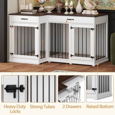 Black metal bar latch and hinges on white pet crate, sturdy construction for pet safety.