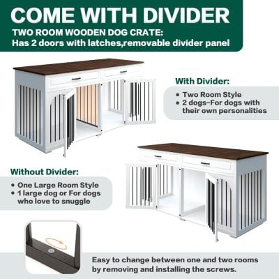 Two room wooden dog crate with divider panel, removable divider, ideal for pets.