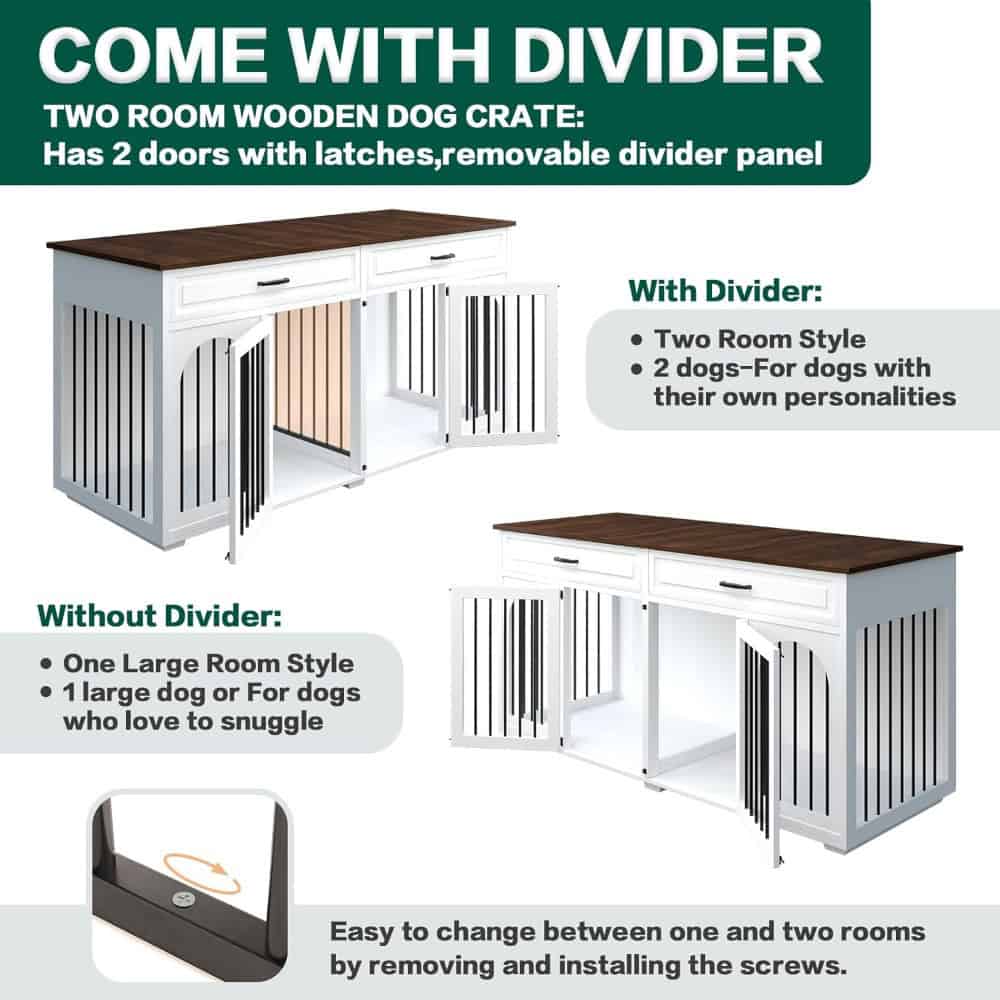 Two room wooden dog crate with divider panel, removable divider, ideal for pets.
