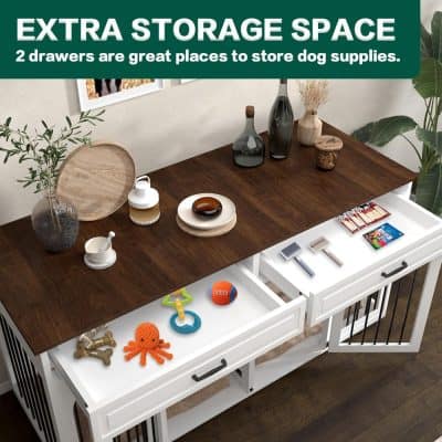 Bright white storage cabinet with drawers on a wooden table, showcasing extra space for pet supplies, dog toys, and household items, ideal for organized living.