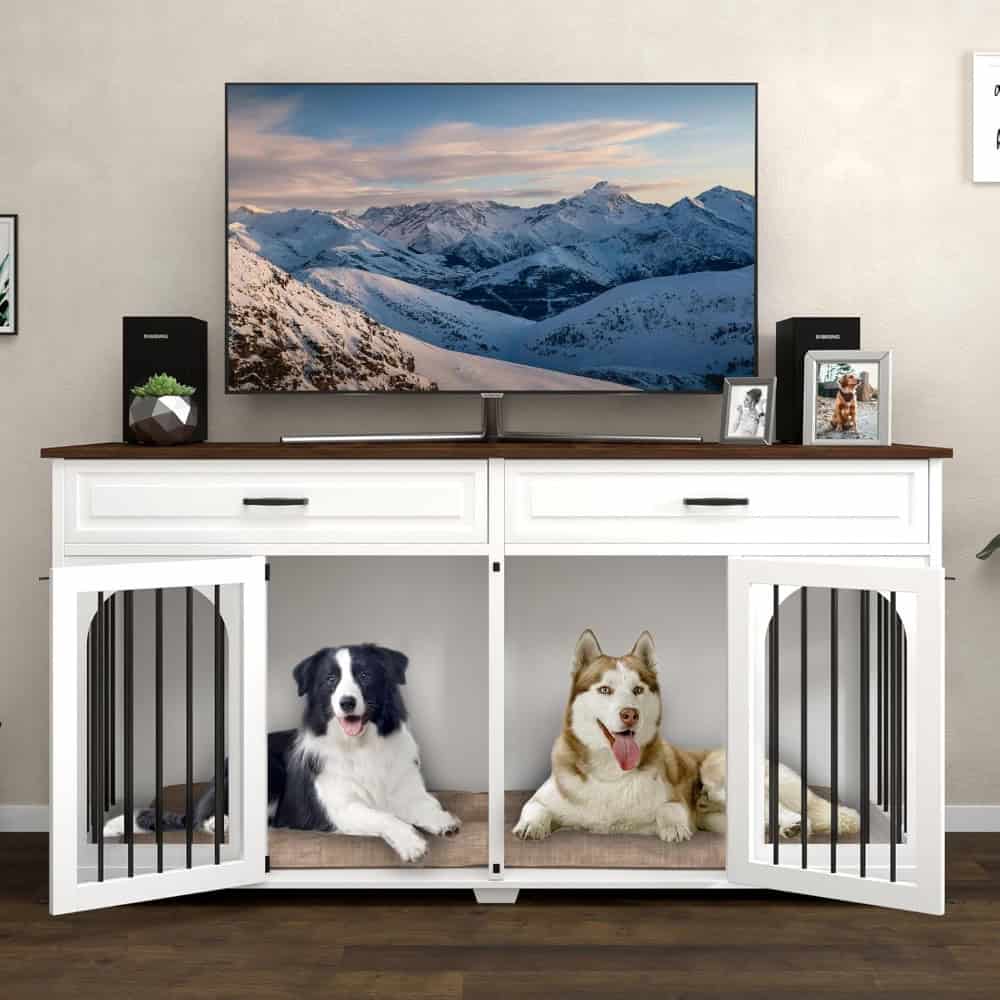 Elegant white pet crate cabinet with dog beds, perfect for home decor and pet storage, featuring a TV stand with a flat-screen monitor, framed photos, and decorative elements in a modern living room setting.