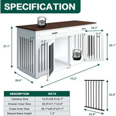 Sturdy white and black wooden pet crate with spacious interior and ample ventilation for comfortable pet confinement.
