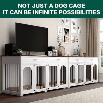 Stylish white wooden TV stand with dog cage doors, blending modern home decor with pet safety, ideal for pet owners seeking functional and aesthetic furniture for their living room.