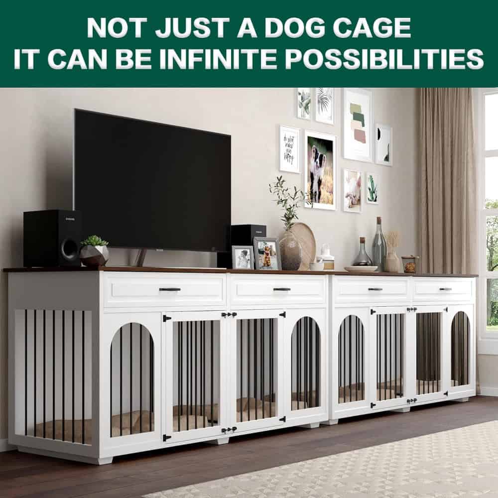 Stylish white wooden TV stand with dog cage doors, blending modern home decor with pet safety, ideal for pet owners seeking functional and aesthetic furniture for their living room.