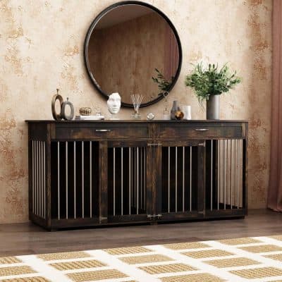 Sleek dark wood console table with slatted doors and modern decorative accessories, ideal for home or office decor, from Monalisa Store.