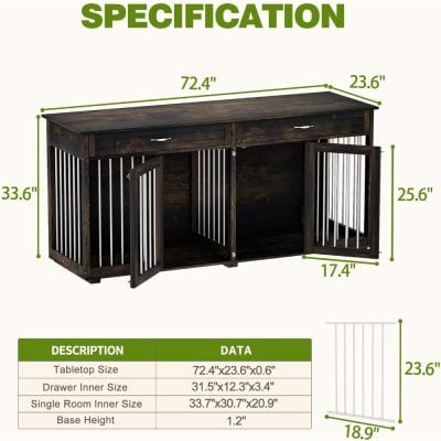 Stylish dark wood pet crate with metal bars, perfect for dogs and cats, featuring spacious compartments and durable construction for home or professional use.