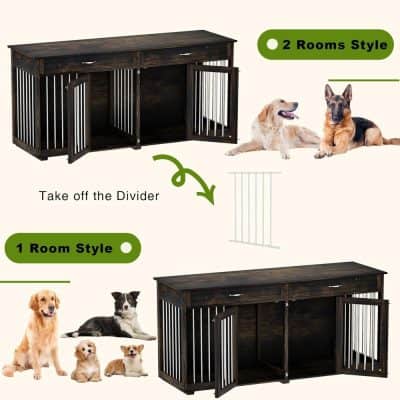 Durable wooden dog crate with dual styles: 1-room and 2-rooms, designed for pet comfort and safety, featuring removable divider for versatile space management. Perfect for small to medium-sized dogs.
