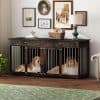 Dog crate with two dogs inside, wood cabinet with picture frames and decorative items in living room setting, pet furniture for home decor, Monalisa Store pet accessories and furniture, stylish pet crate for dogs.