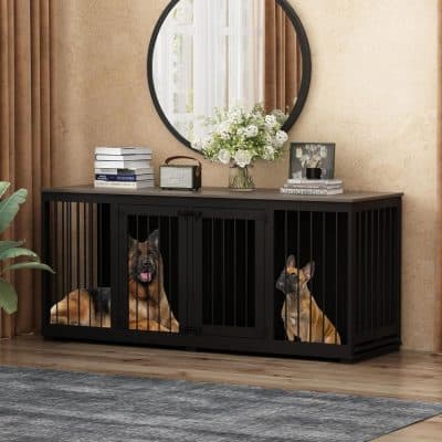 Pet crate furniture with stylish enclosure for dogs and cats, modern pet home decor for indoor spaces, black wooden pet cage with sliding doors, ideal for pet safety and home organization.