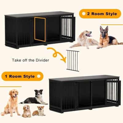 Black multi-room dog crate with removable divider suitable for large and small pets.