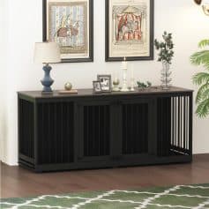 Elegant black wooden living room cabinet with slatted doors, perfect for modern home decor and storage solutions. Stylish addition to enhance interior design.