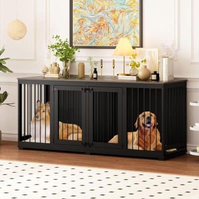 Stylish black pet crate with door, ideal for dogs and cats, enhanced with modern decor and indoor plants for a homey look. Perfect for pet owners seeking both functionality and aesthetic appeal.