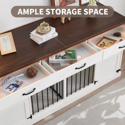Bright white storage cabinet with open drawers and black metal accents, perfect for modern home organization and decor.