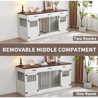 Removable middle compartment pet storage cabinet with two rooms, white finish, wooden top, and black hardware, ideal for home organization and pet safety.