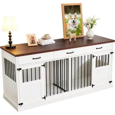 Stylish pet cage with white finish, black metal bars, and wooden top surface, perfect for dogs and small animals; safe and modern design for pet owners.