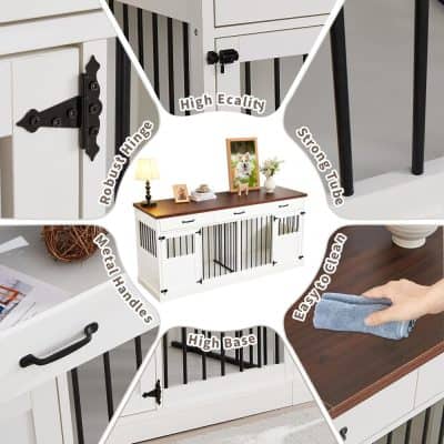 Diy pet crate furniture with black metal accents and sturdy construction for dogs, includes a spacious high base, robust hinges, and easy-to-clean surfaces for pet safety and convenience.