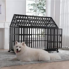 Black metal dog crate with roof, suitable for small to medium-sized dogs, in a modern home setting.