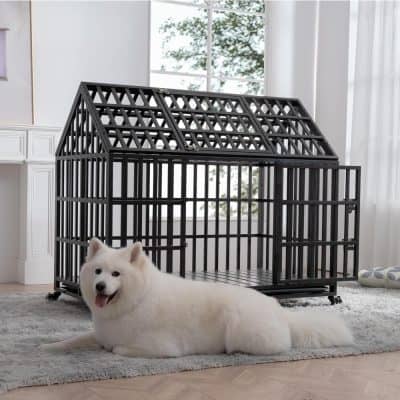 Black metal dog crate with roof, suitable for small to medium-sized dogs, in a modern home setting.