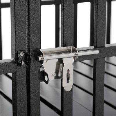 Secure black metal cage with stainless steel lock mechanism for optometry or optical equipment storage at Monalisa Store.