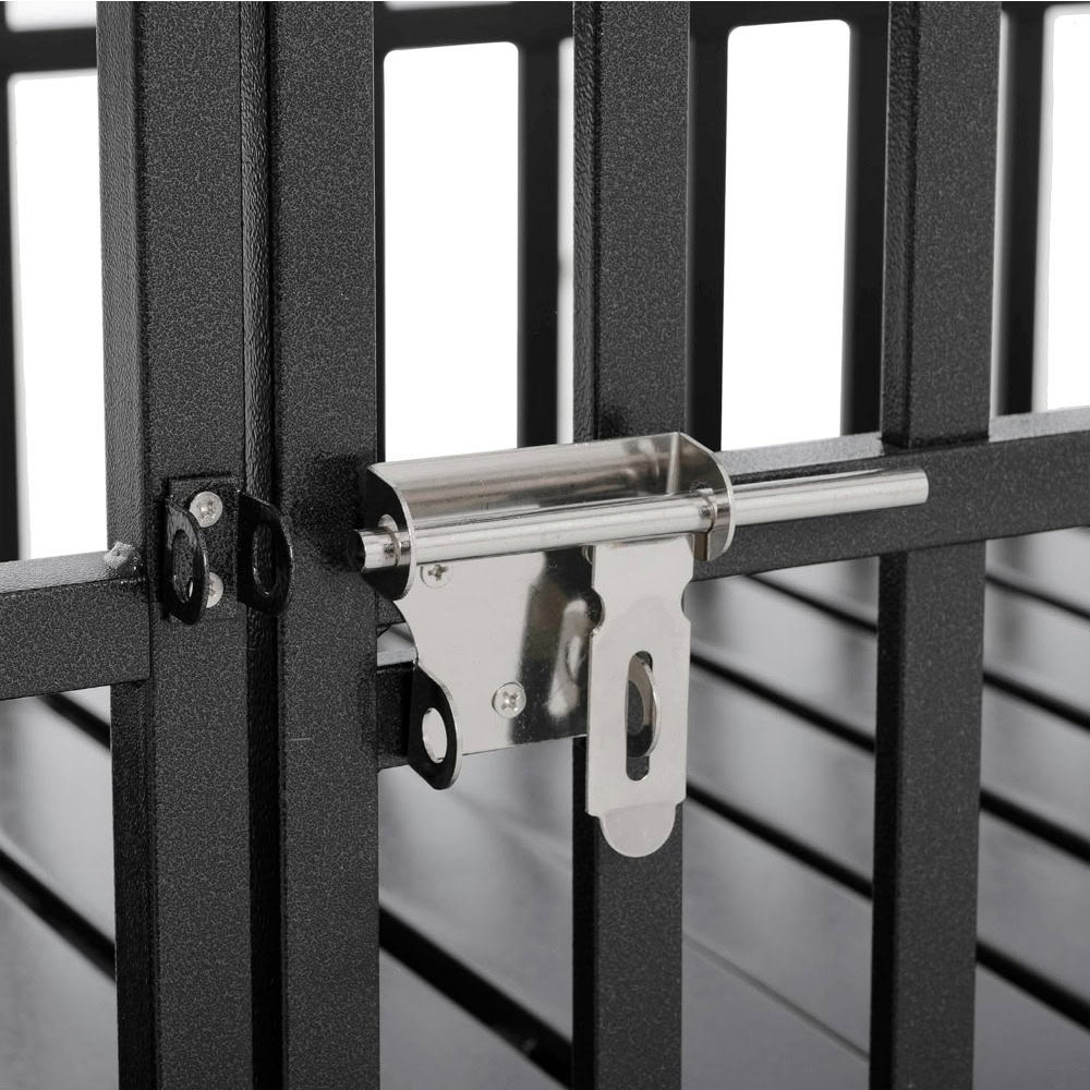 Secure black metal cage with stainless steel lock mechanism for optometry or optical equipment storage at Monalisa Store.