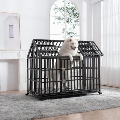 Luxury pet crate with black metal bars, spacious design, ideal for dogs, indoor use, modern style, and durability for pet safety.