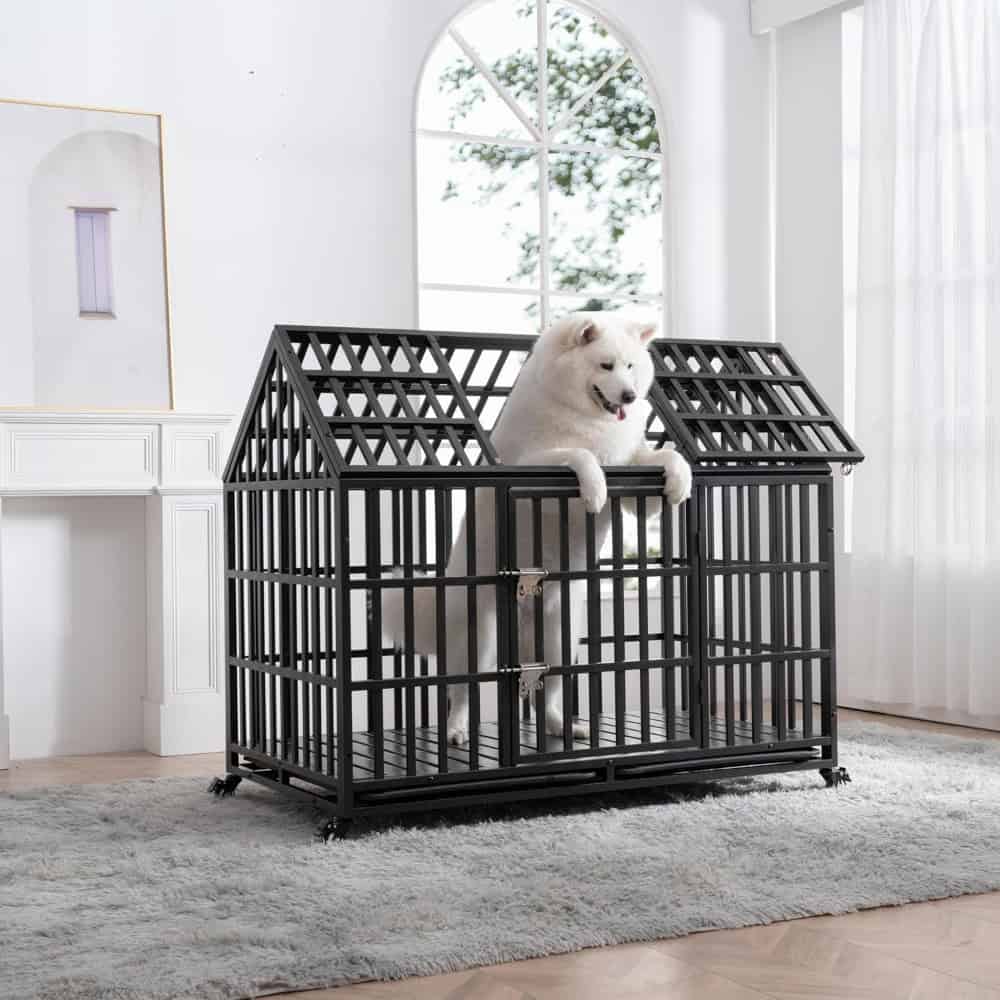 Luxury pet crate with black metal bars, spacious design, ideal for dogs, indoor use, modern style, and durability for pet safety.