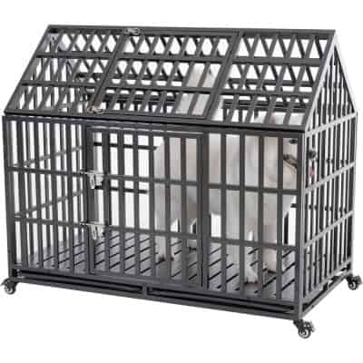 Heavy-duty black metal dog crate with wheels, suitable for large dogs, portable and secure, ideal for dog training and containment solutions.