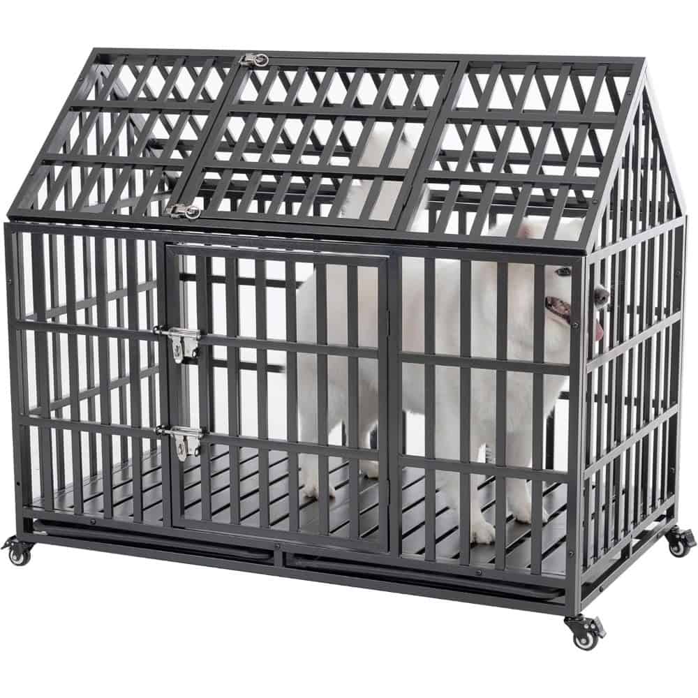 Heavy-duty black metal dog crate with wheels, suitable for large dogs, portable and secure, ideal for dog training and containment solutions.