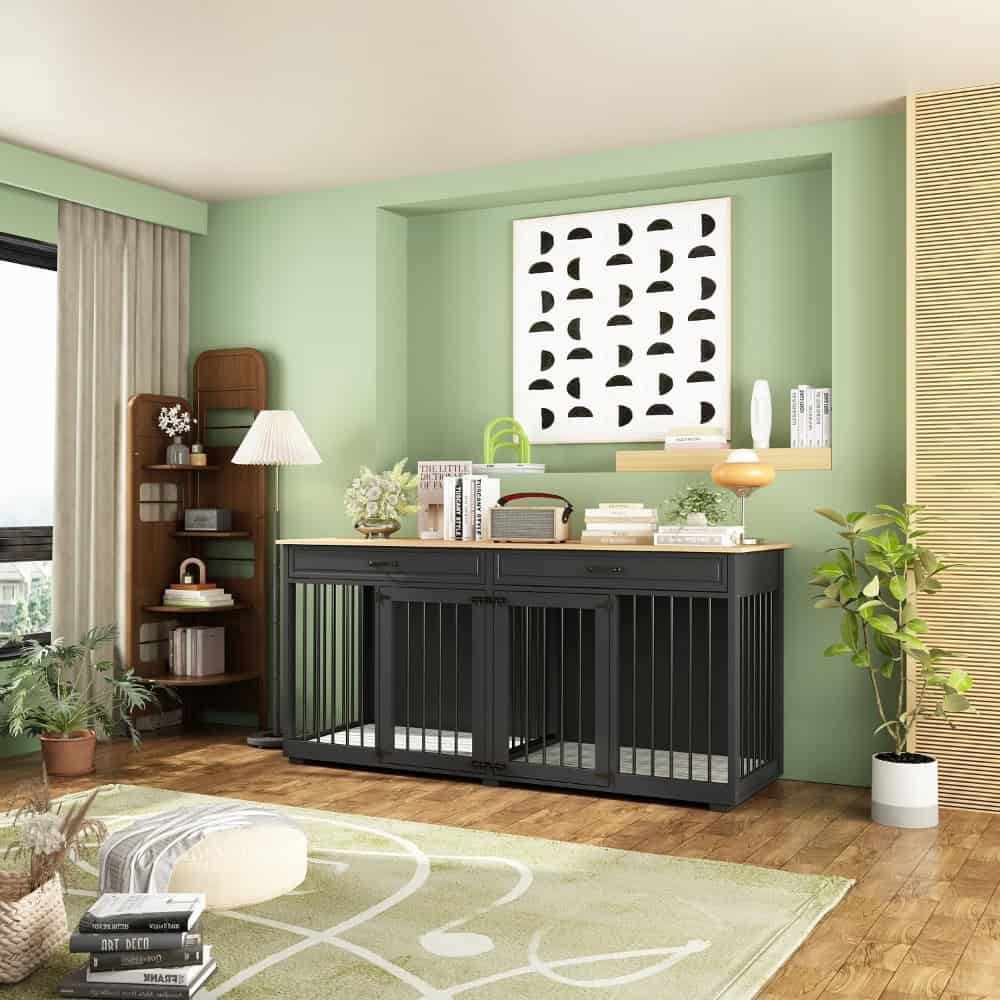 Stylish black multipurpose storage cabinet in a modern living room with decorative items, plants, and artwork, ideal for home organization and interior decor.
