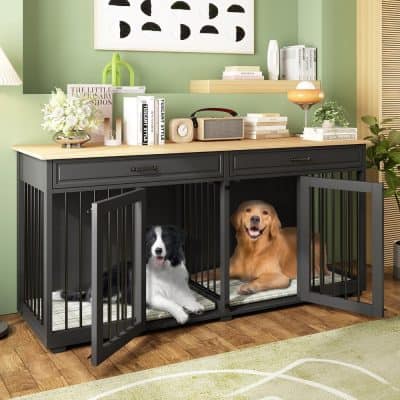 Modern pet crate with two dogs inside, stylish black enclosure, in a contemporary home office setup, perfect for safely housing pets while complementing modern home decor.