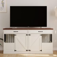 Sleek white TV stand with barn door accents and ample storage space, perfect for modern and farmhouse-style living room decor.