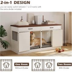 Comfortable wooden pet house suitable for dogs, featuring a versatile 2-in-1 design with or without divider, perfect for pet owners seeking stylish, functional, and space-efficient pet furniture.
