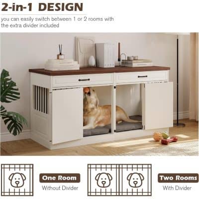 Comfortable wooden pet house suitable for dogs, featuring a versatile 2-in-1 design with or without divider, perfect for pet owners seeking stylish, functional, and space-efficient pet furniture.